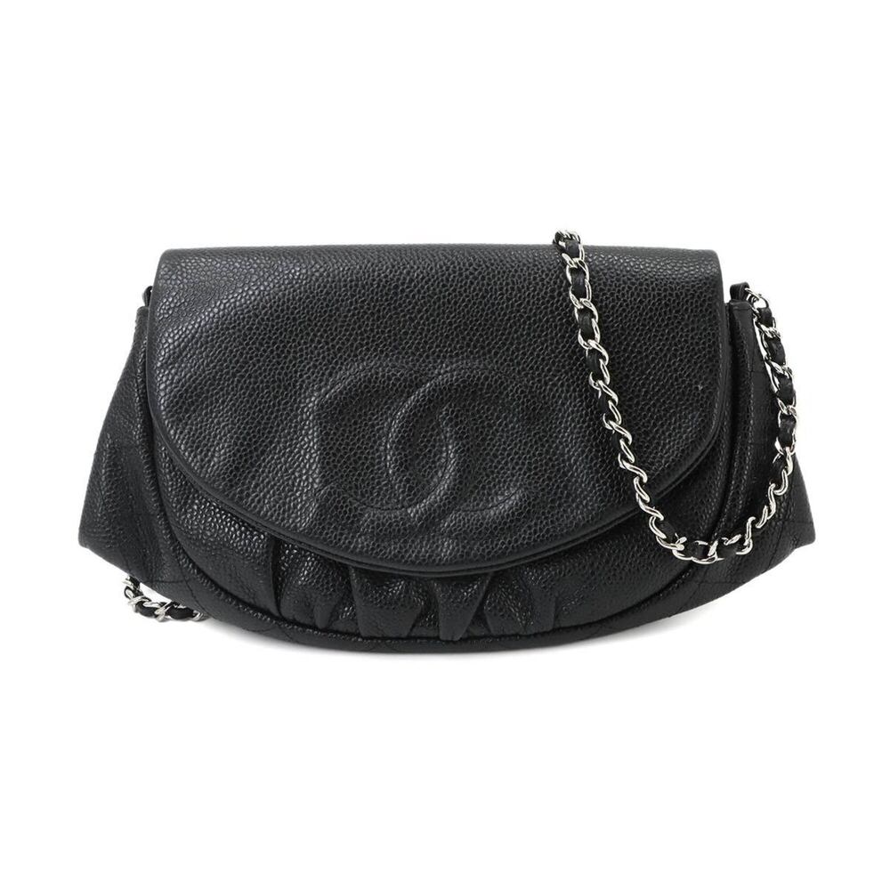 Chanel Half Moon Chain Wallet, Long Caviar Leather, Black, Silver Hardware.